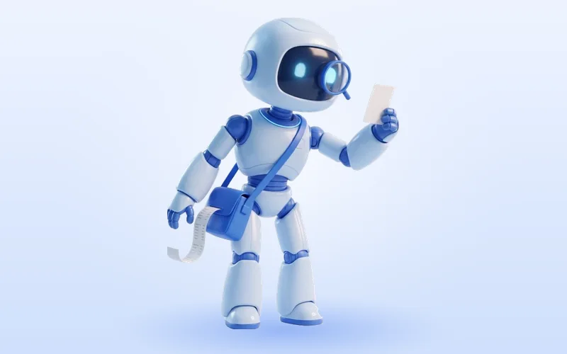 Belegerl, ein kleiner Buddy mit Scan-Lupe und Umhängetasche, hält einen Beleg in der Hand.