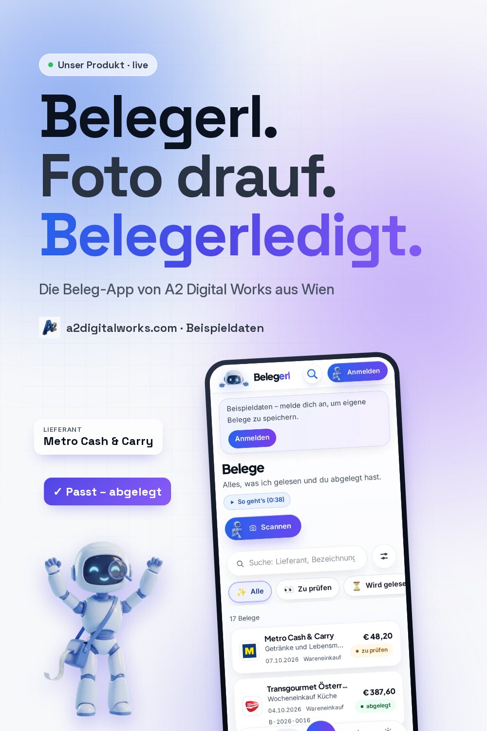 Belegerl – Foto drauf. Belegerledigt. Die Beleg-App von A2 Digital Works aus Wien.