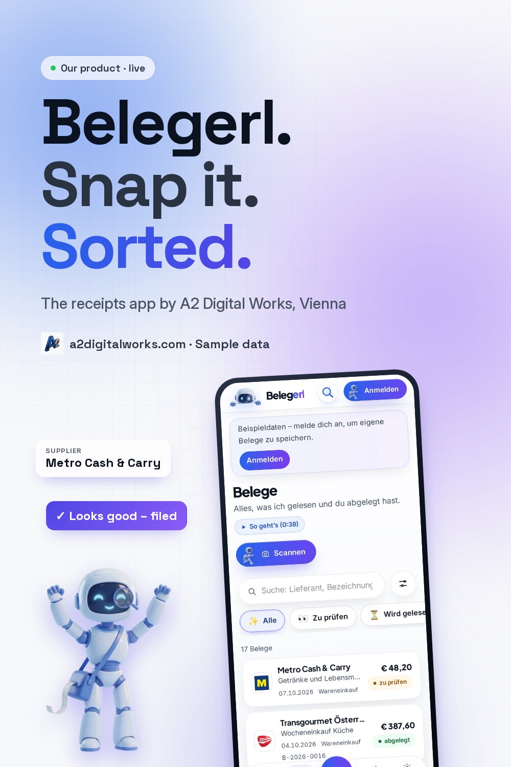 Belegerl – Snap it. Sorted. The receipts app by A2 Digital Works from Vienna.