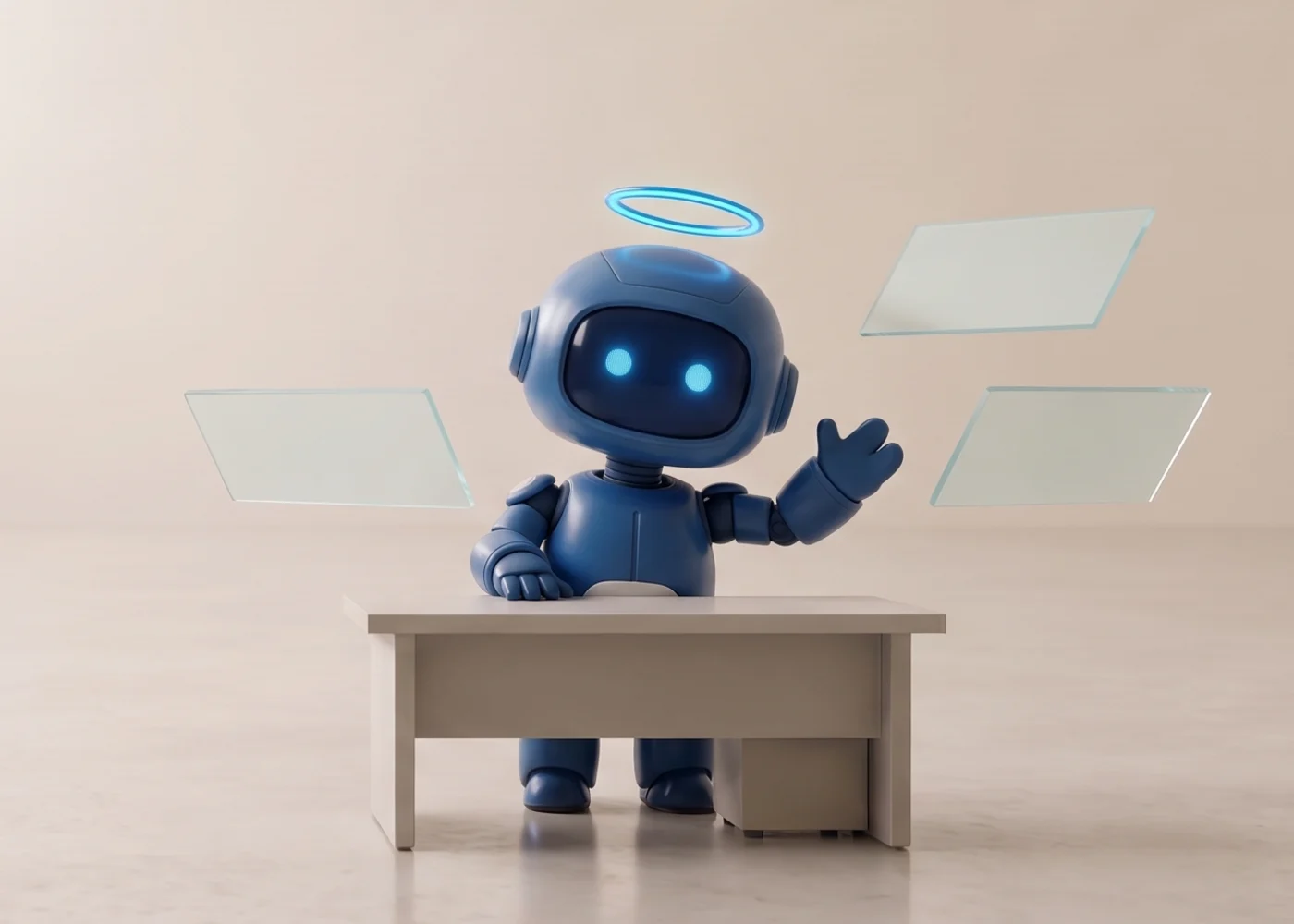 Ori, the A2 assistant, stands behind a low reception desk in a bright workshop, one hand raised in greeting.