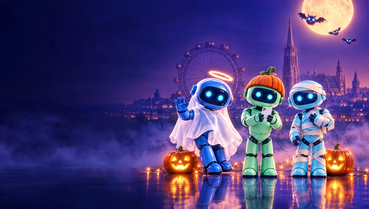 Ori as a ghost, Mo in a pumpkin beanie and Slot as a mummy on a Halloween night in front of the Giant Wheel and St. Stephen’s.