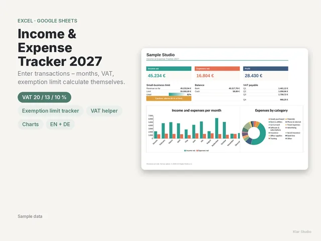 The 2027 income and expense tracker with overview and charts (sample data)