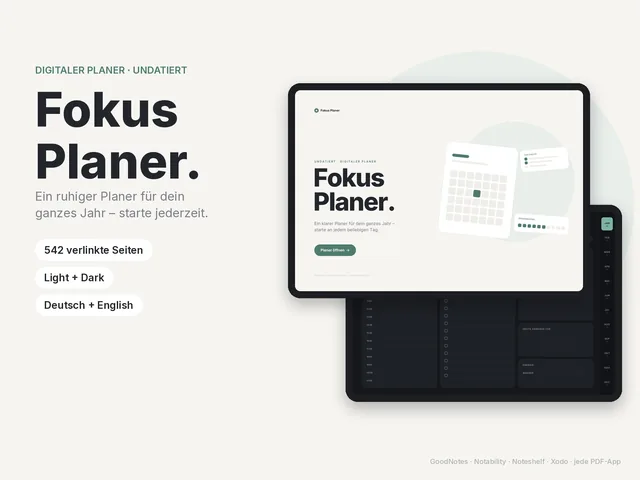 Der digitale Fokus Planer von Klar Studio auf einem iPad, daneben die dunkle Variante.