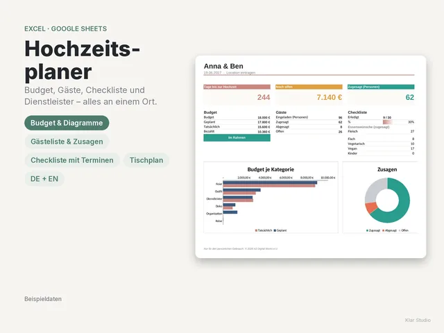 Der Hochzeitsplaner mit Budget, Gästen und Checkliste (Beispieldaten)