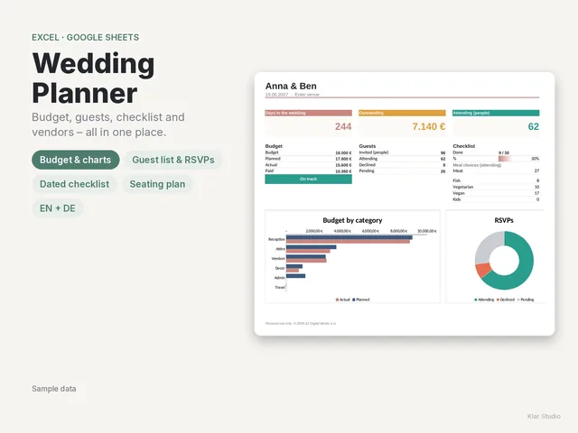 The Wedding Planner with budget, guests and checklist (sample data)