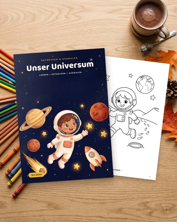 Das Malbuch Unser Universum auf einem Holztisch mit Buntstiften