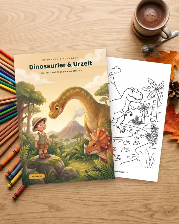 Das Malbuch Dinosaurier & Urzeit auf einem Holztisch mit Buntstiften