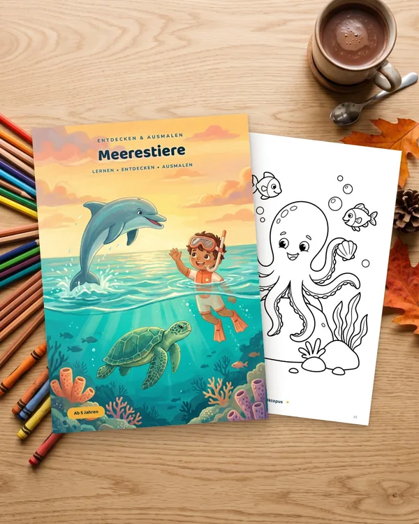 Das Malbuch Meerestiere auf einem Holztisch mit Buntstiften