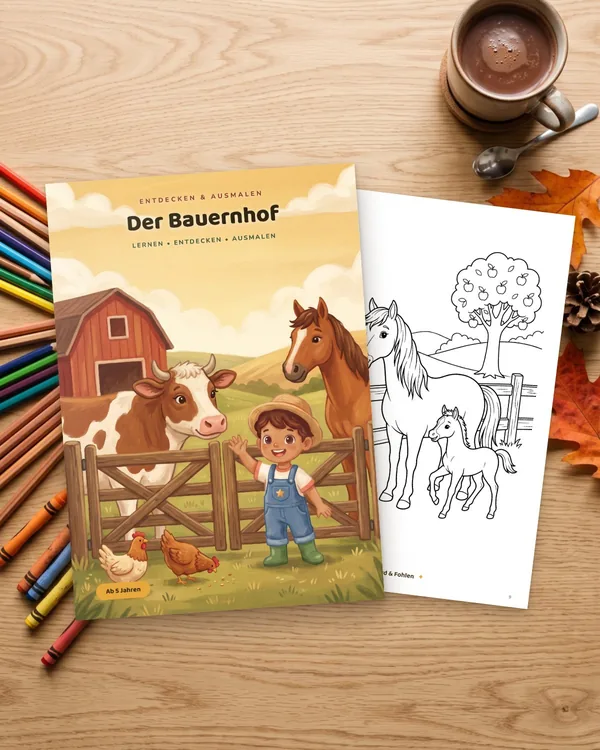 Das Malbuch Der Bauernhof auf einem Holztisch mit Buntstiften