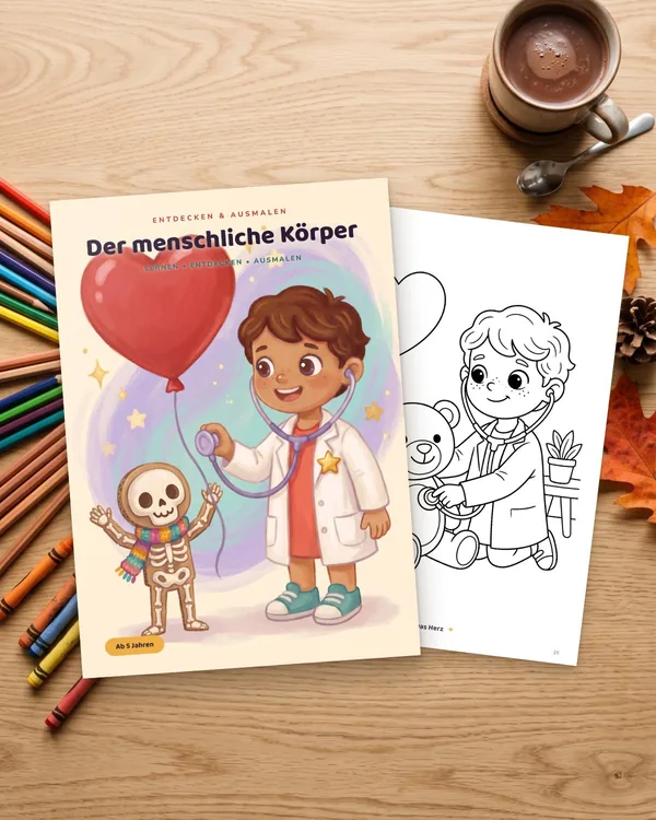 Das Malbuch Der menschliche Körper auf einem Holztisch mit Buntstiften