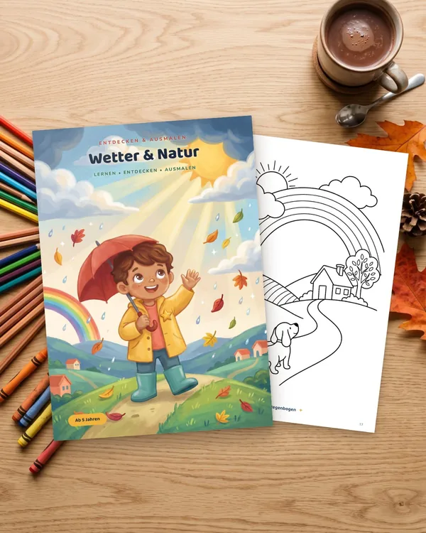 Das Malbuch Wetter & Natur auf einem Holztisch mit Buntstiften