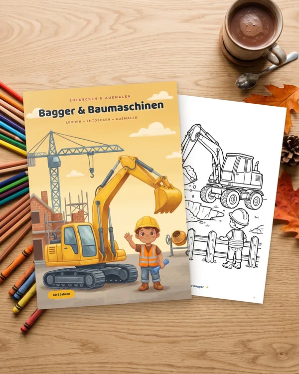 Das Malbuch „Bagger & Baumaschinen“ auf einem Holztisch, daneben Buntstifte und eine Ausmalseite.