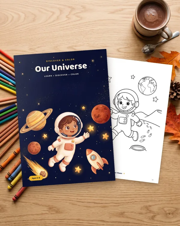 The coloring book Our Universe on a wooden table with colored pencils