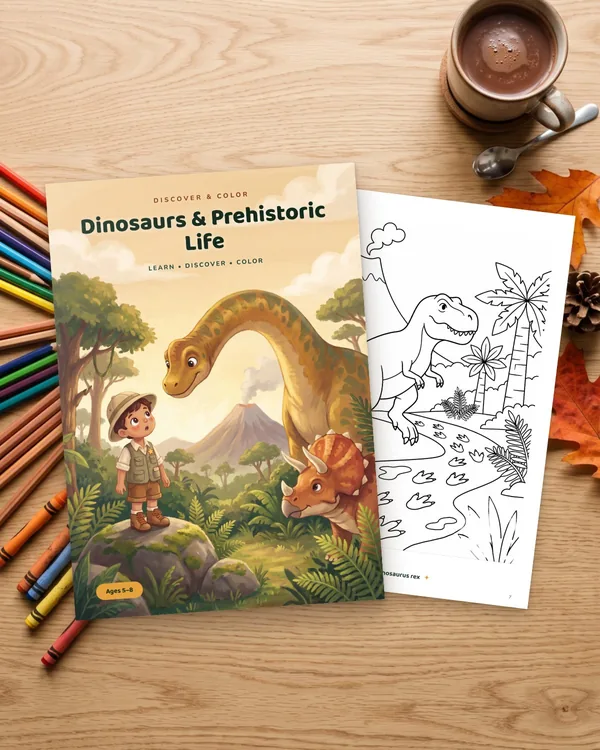 The coloring book Dinosaurs & Prehistoric Life on a wooden table with colored pencils
