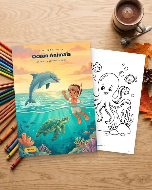 The coloring book Ocean Animals on a wooden table with colored pencils