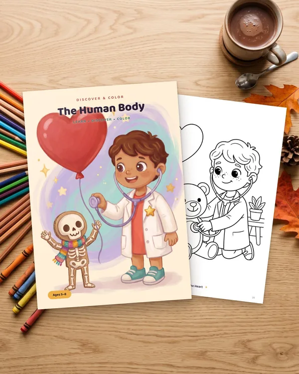The coloring book The Human Body on a wooden table with colored pencils