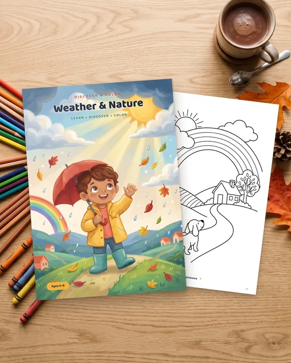 The coloring book Weather & Nature on a wooden table with colored pencils