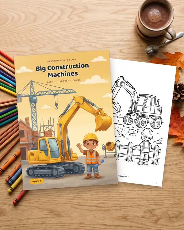 The coloring book “Big Construction Machines” on a wooden table with colored pencils and a coloring page.