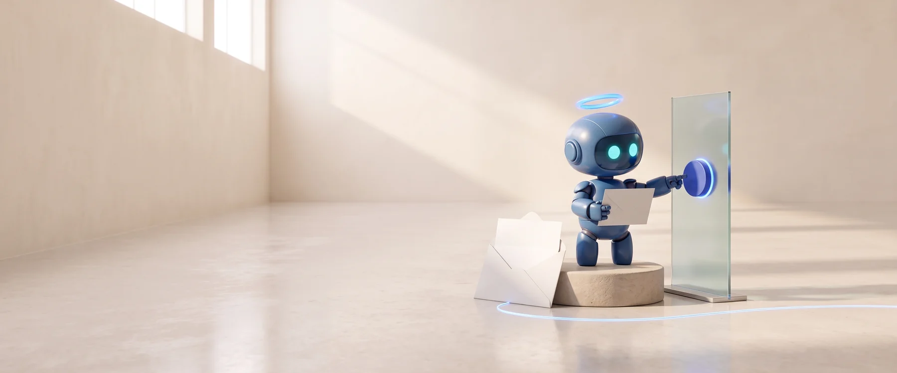 A small cobalt Buddy holds a letter in one hand and presses a round blue button on a glass panel with the other; beside it an opened envelope leans against a stone plinth.