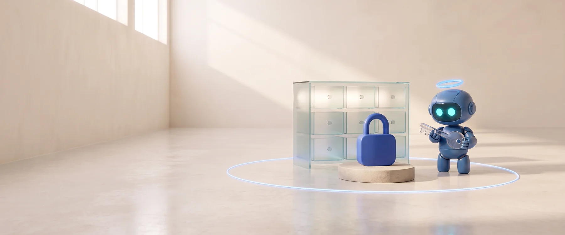 A small cobalt Buddy holds a glass key; beside it a glass cabinet with closed drawers and a blue padlock in front, surrounded by a glowing circle on the floor.