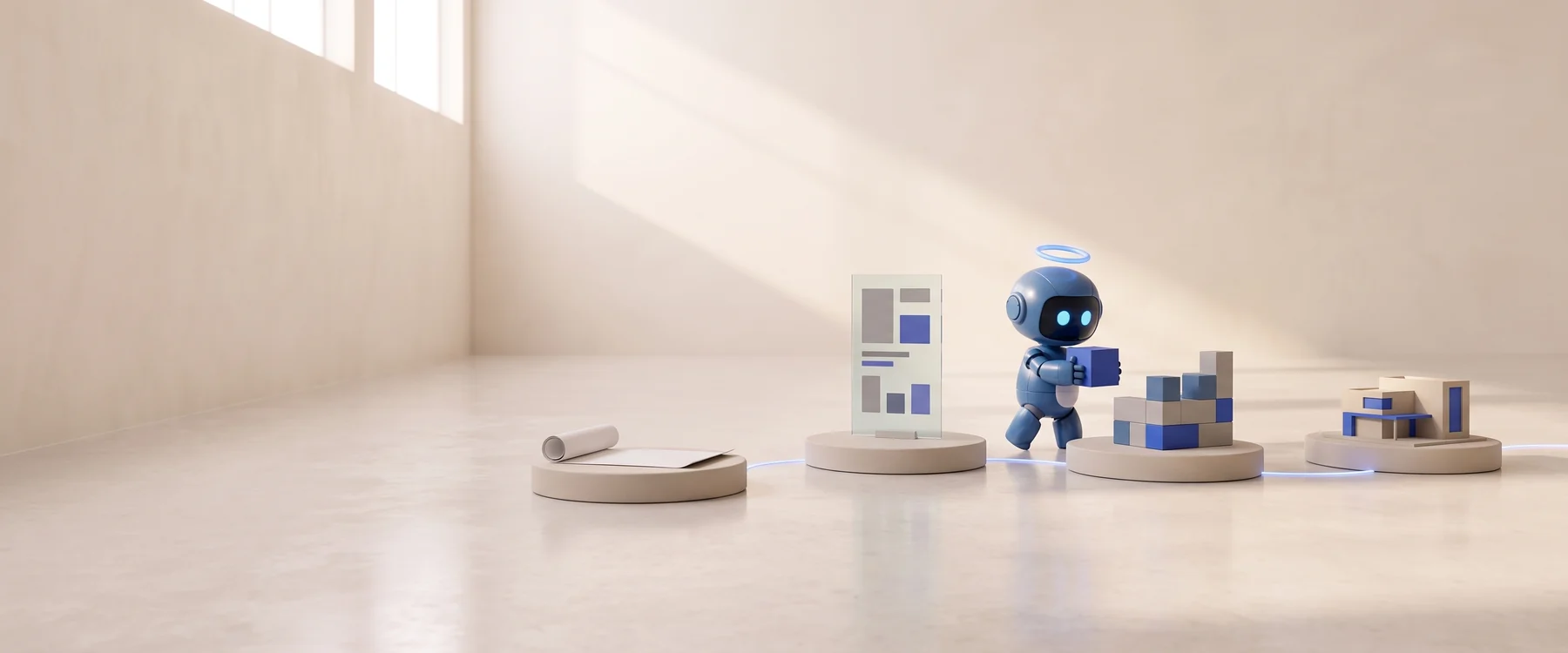 A bright hall: four low plinths in a row, joined by a glowing line — a sketch, a design on glass, stacked blocks, a finished model. A small cobalt Buddy carries a block to the next plinth.