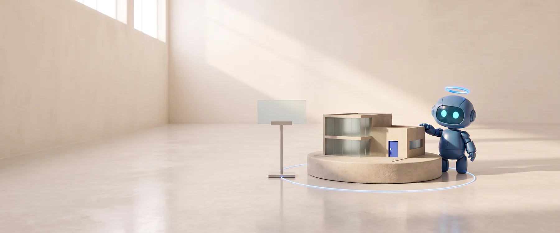 A small cobalt Buddy rests a hand on the roof of a model building made of pale blocks and frosted glass with a blue door; beside it a blank glass nameplate stands on a slim post.