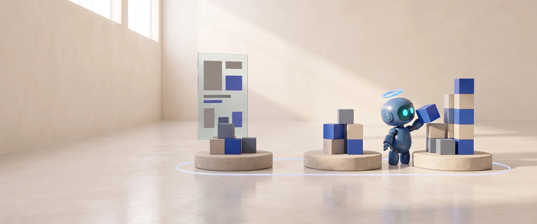 Three low plinths in a bright hall carrying stacks of cubes that rise from left to right; a small cobalt Buddy places a blue cube on the tallest stack.