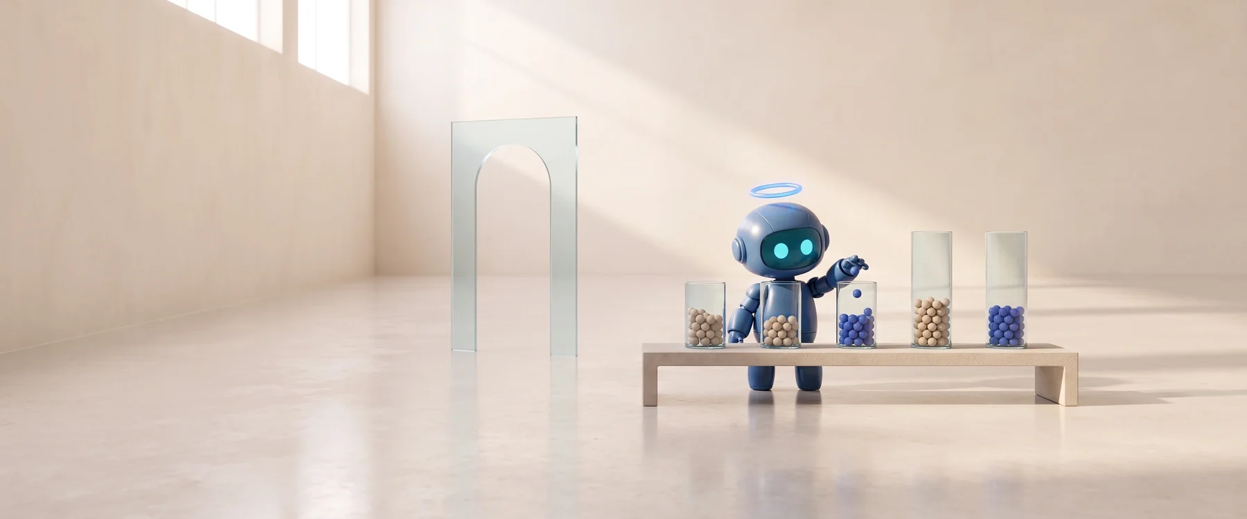 Ein kleiner kobaltblauer Buddy lässt eine blaue Kugel in einen von fünf Glaszylindern auf einer Steinbank fallen; daneben steht ein offener Torbogen aus Glas.