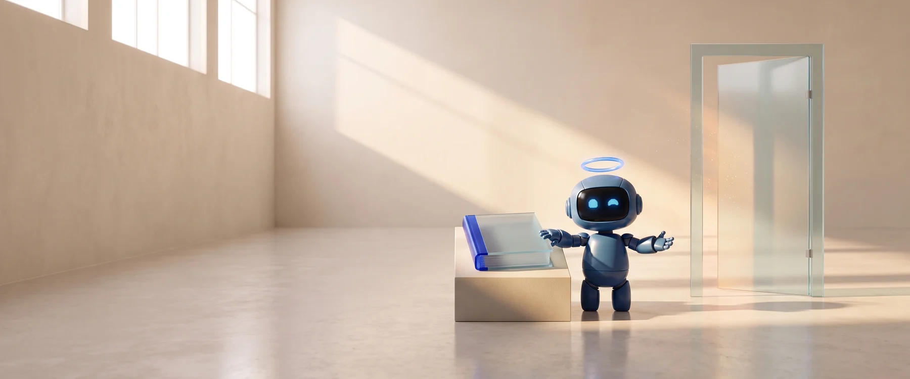 A small cobalt Buddy stands beside a plinth with a single glass book and gestures at it with open hands; behind it a glass door stands open.