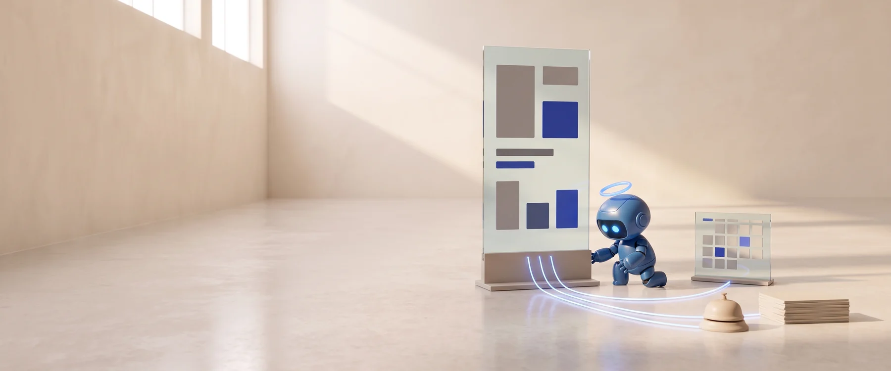 Eine Website als Glastafel in einer hellen Halle; ein kleiner kobaltblauer Buddy verbindet sie über leuchtende Linien mit einem Kalender, einer Tischglocke und einem Stapel Karten.