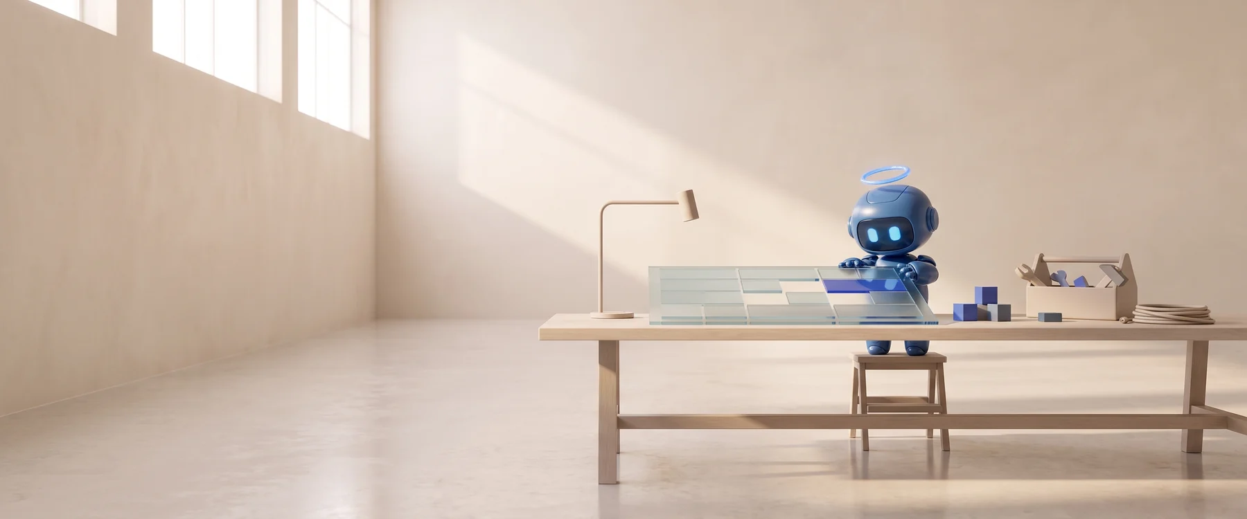A long workbench in a bright hall: a small cobalt Buddy stands on a stool and fits tiles together on a sheet of glass; beside it a lamp, building blocks and a toolbox.