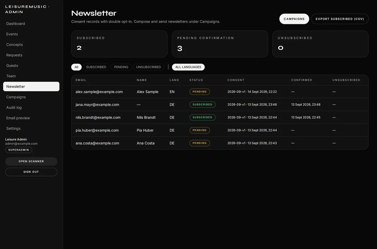 Subscribers with consent history and CSV export