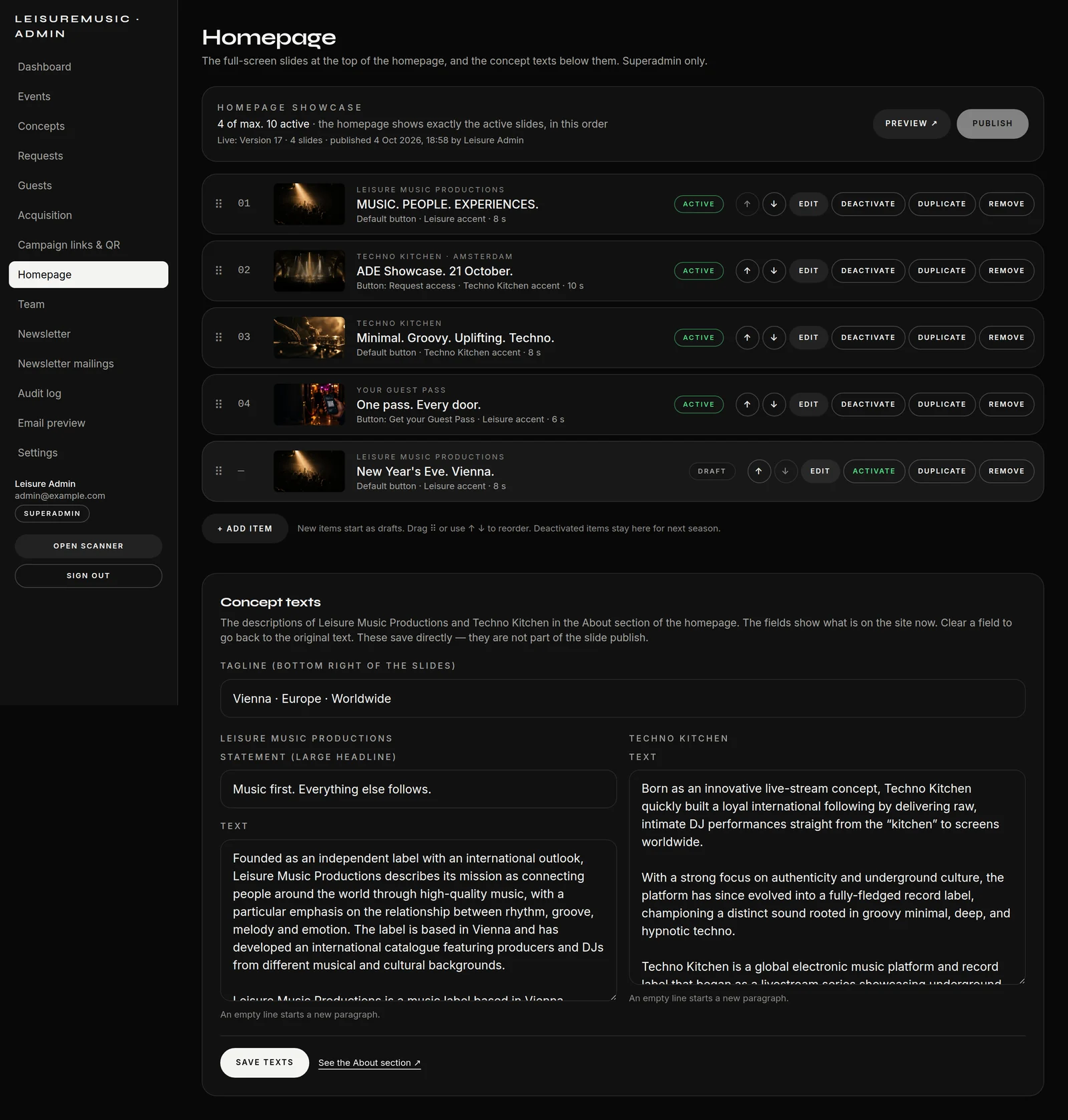 The home page slides: active, draft, order, publish