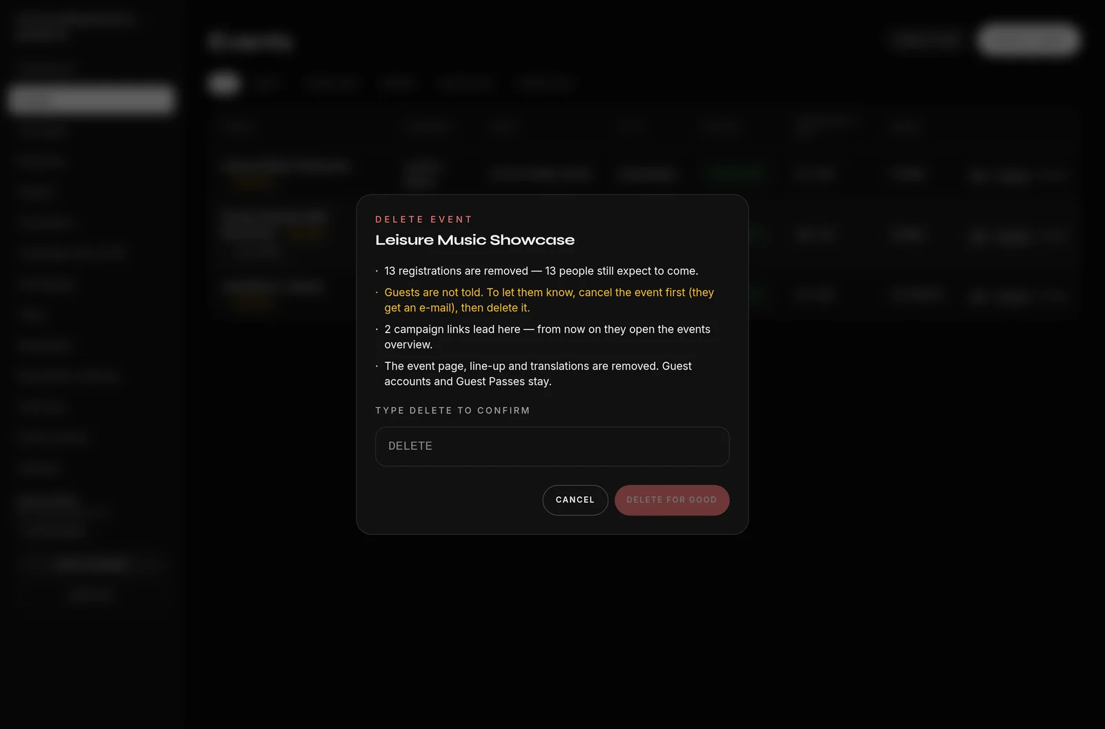Deleting with a preview of the consequences: read first, then type "DELETE"