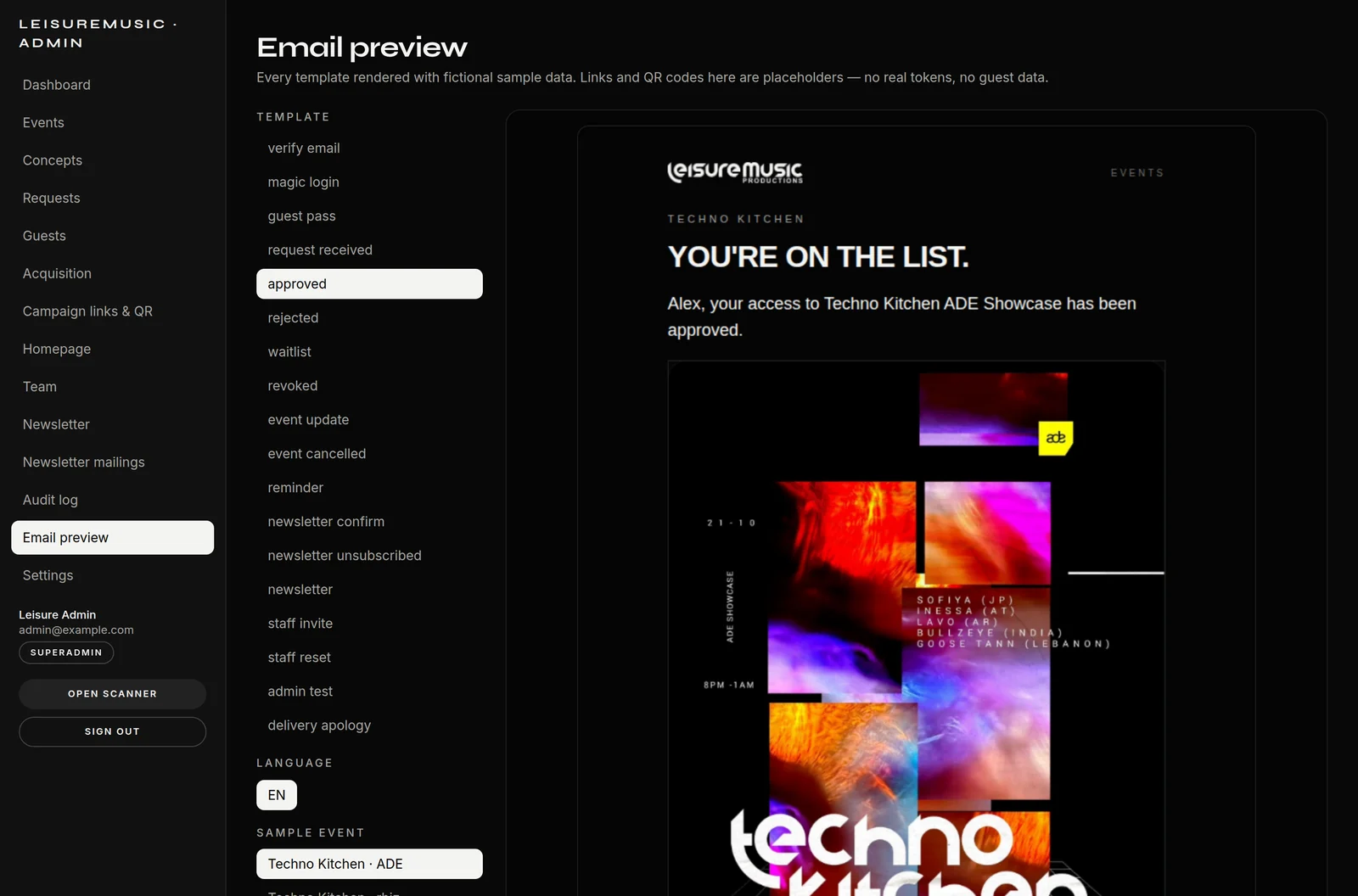 Each of the 18 templates can be previewed with sample data