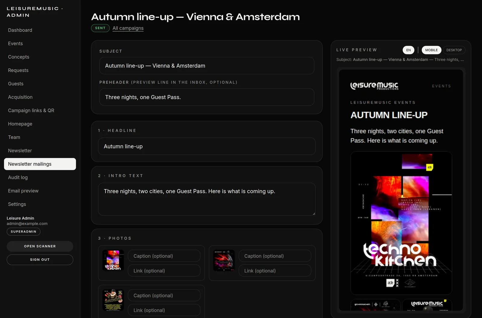 The composer: blocks on the left, live preview on the right