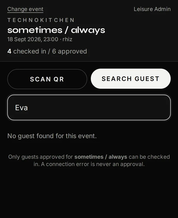 Manual lookup at the door: no match means no entry — never by accident