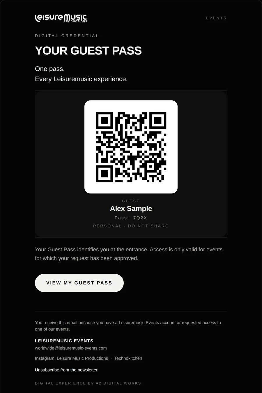 The same pass by e-mail, with its QR code