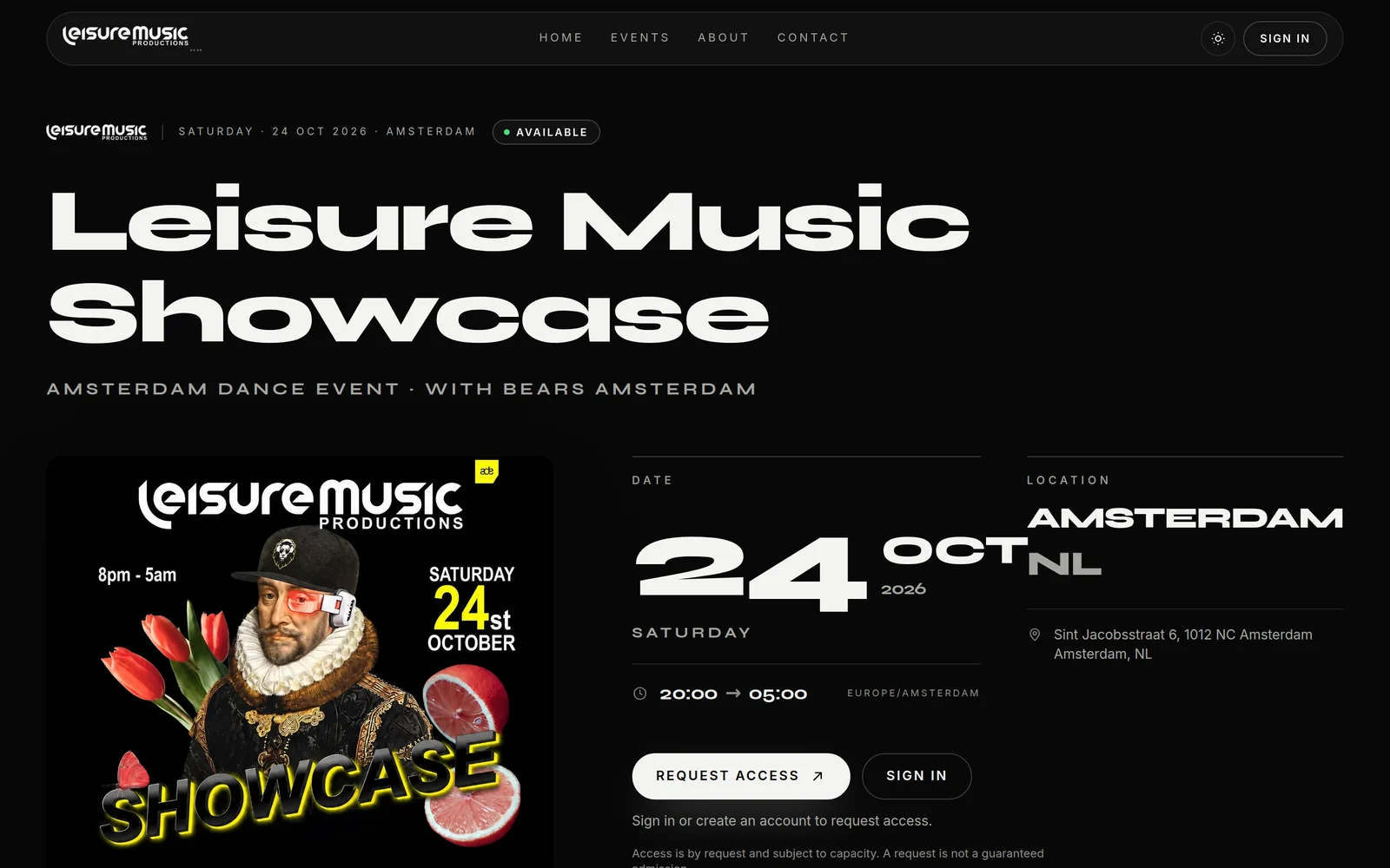Event page with artwork, date, location and the access call to action