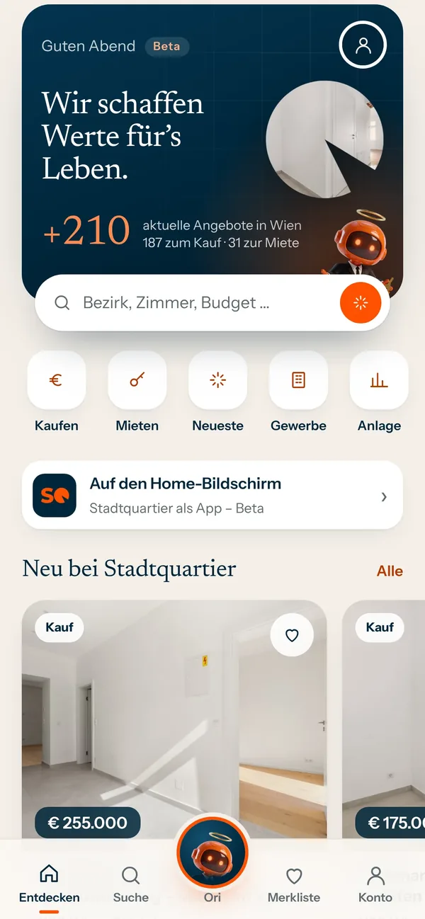 App-Screen: Start: Bestand, Bezirke und Suche