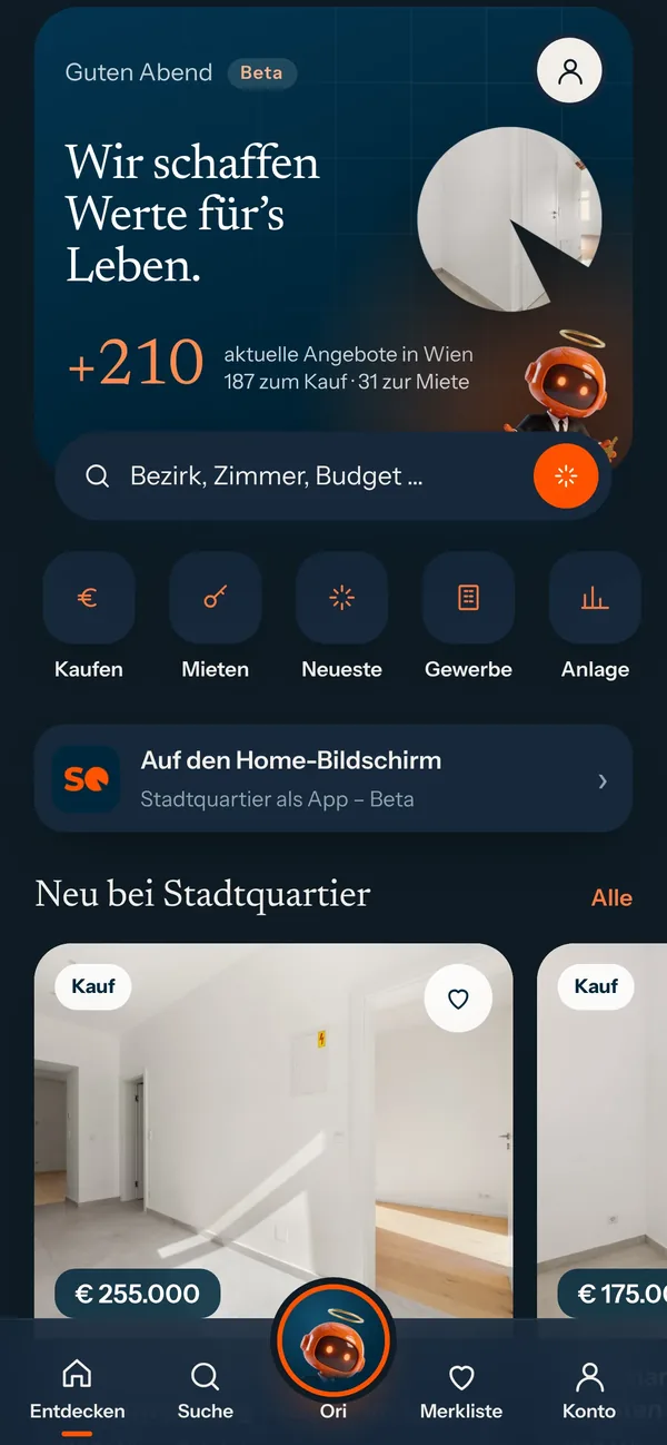 App-Screen: Start im Dunkelmodus