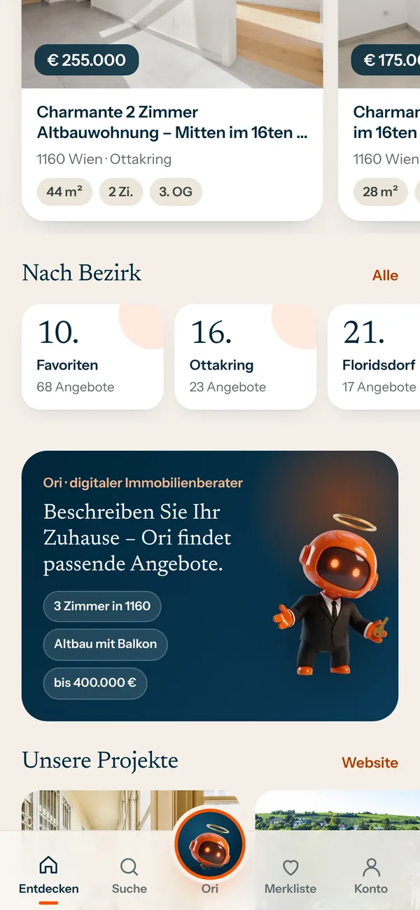App-Screen: Weiter unten: nach Bezirk und Ori