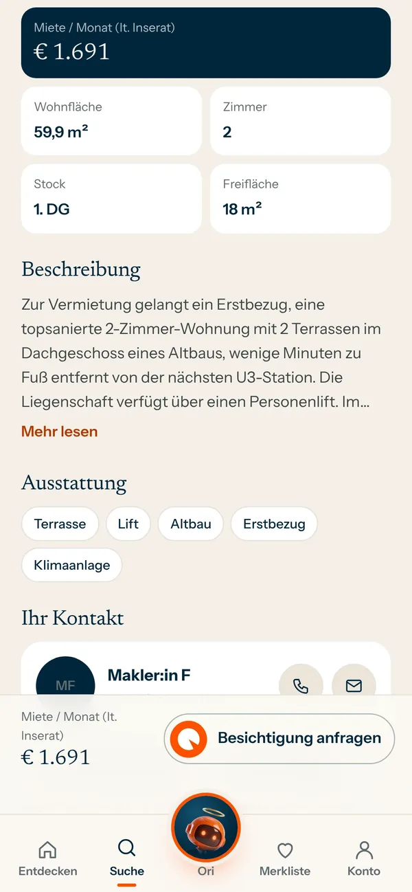 App-Screen: Eckdaten und Besichtigung anfragen