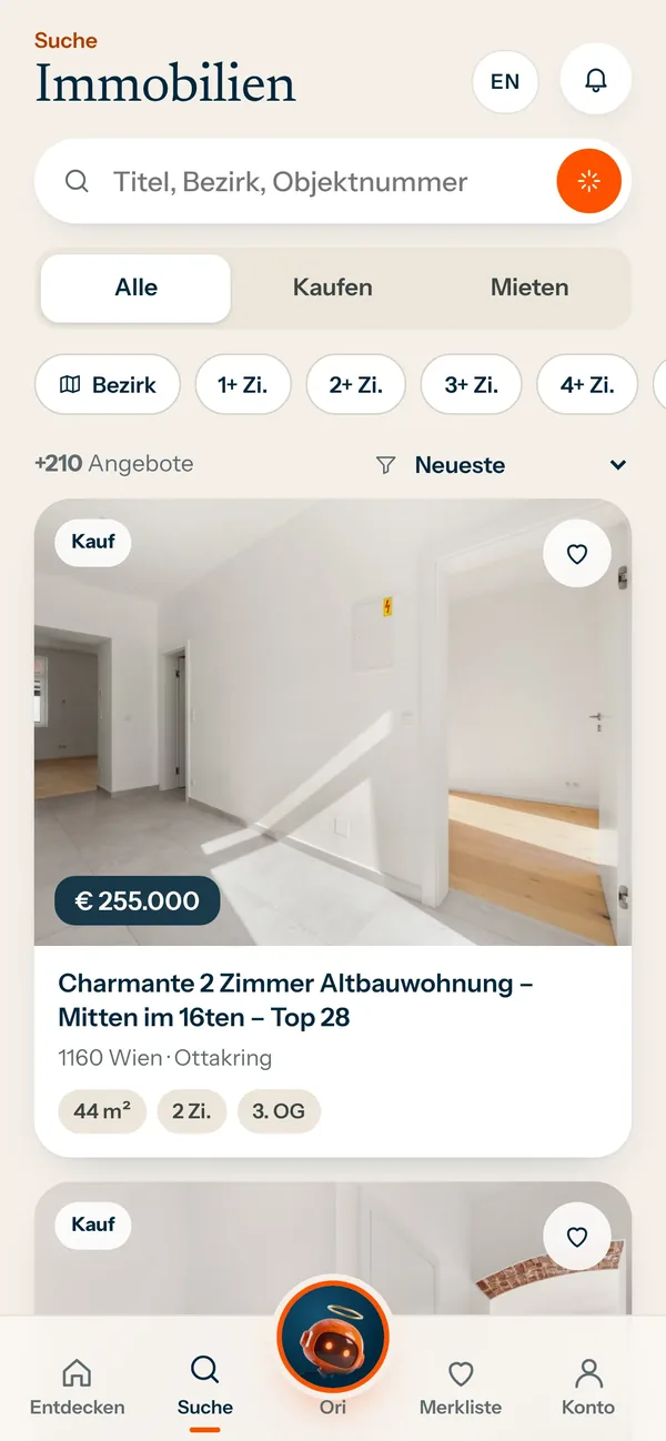 App-Screen: Suche mit Filtern für den Daumen