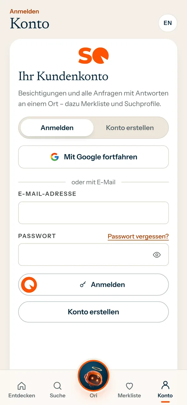App-Screen: Konto: anmelden oder Konto erstellen