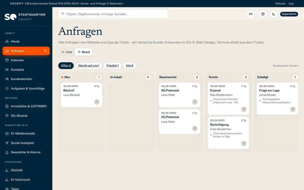 Anfragen als Board, Spalten nach Status