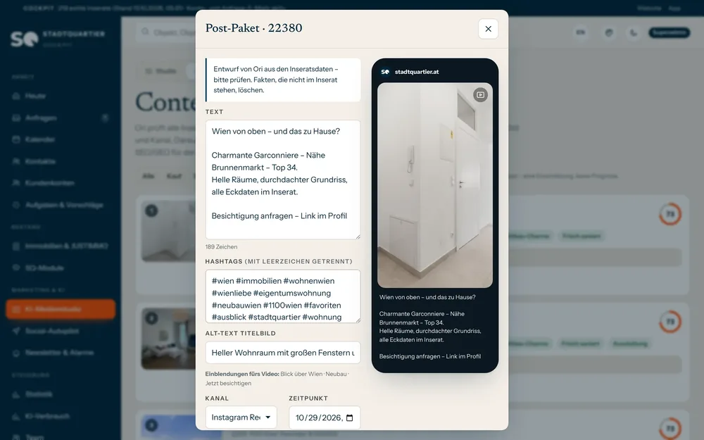 Post-Paket mit Text, Hashtags und SEO zur Freigabe