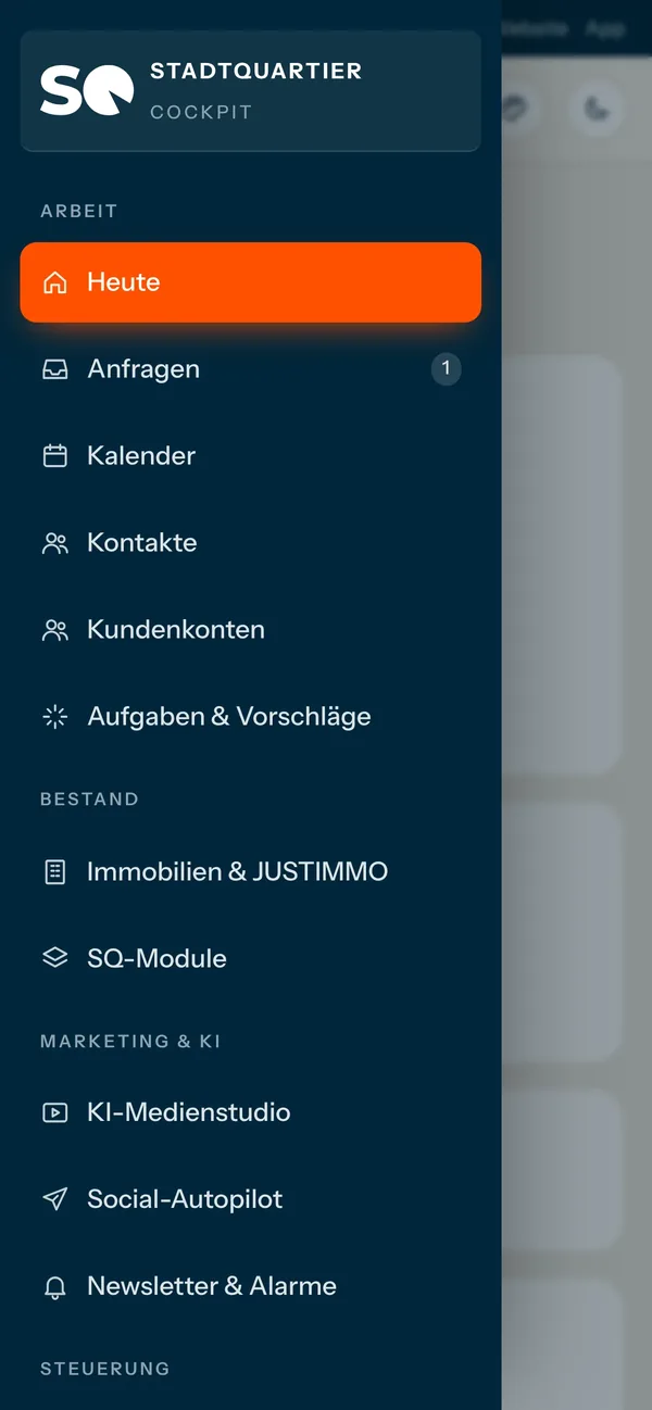Das Menü des Cockpits am Telefon