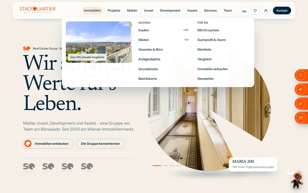 Mega-Menü mit Suche, Bezirken und Services