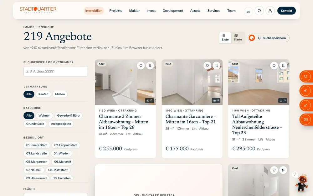 Immobiliensuche mit Filtern und Ergebnissen